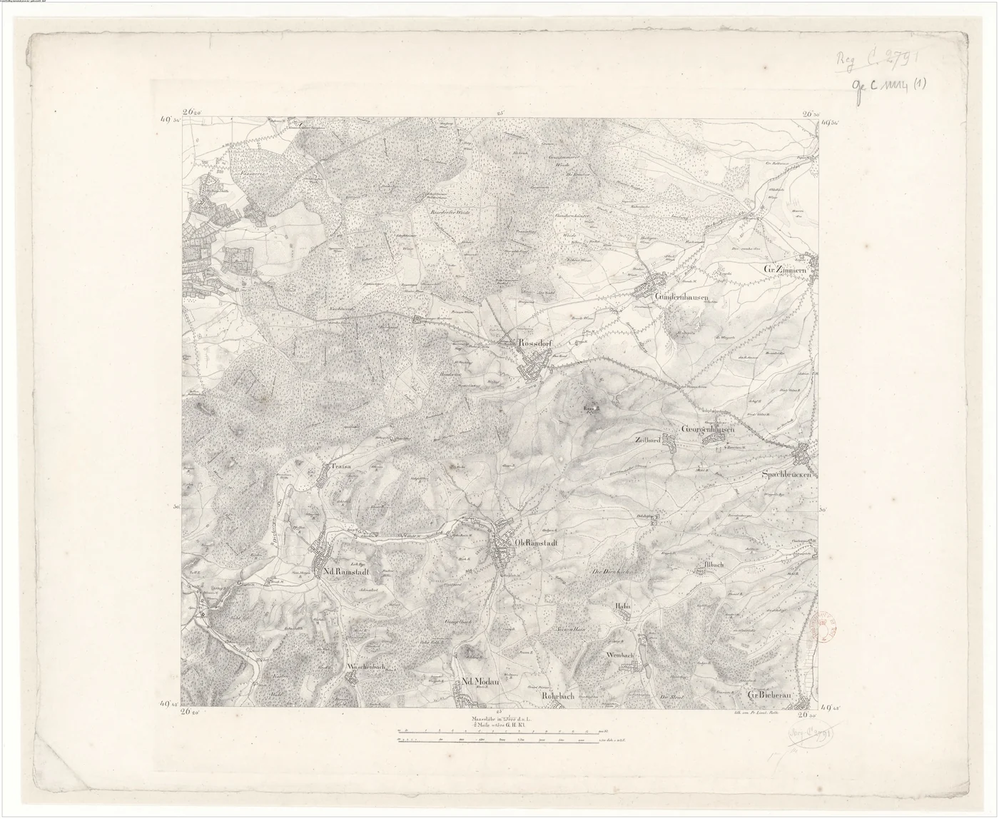 Topographische Karte um Darmstadt, 1829, mit Roßdorf, Nieder- und Ober-Ramstadt